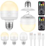 SCOPOW Rechargeable Light Bulbs with Remote Control Timer 3 Color Temperatures Battery Operated Light Bulbs Dimmer for Non-Hardwired Detachable (10W+E26+Hook+2PC)