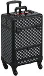 Adson Beauty Rolling Makeup Train Case Cosmetic Trolley 4 Tray Sliding Rail with Key Swivel Wheels Salon Case Cosmetic Organizer Storage Large Travel Case (Metallic Diamond Cut Glow Black)