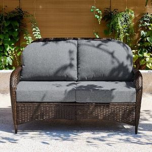 Tribesigns Outdoor Wicker Loveseat with 5.5'' Thick Cushions, 2-Seater Patio Sofa with 26.8'' Deep Seat, All-Weather Patio Wicker Loveseat for Porch, Deck, Backyard, Poolside, Gray/Brown