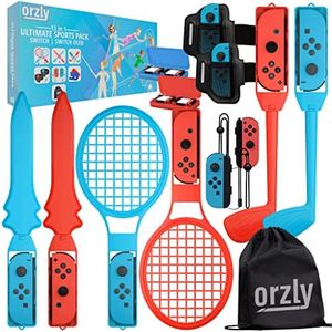 Orzly Switch Sports Games 2024 Accessories Bundle Pack for Nintendo Switch & Switch OLED with Tennis Rackets, Golf Clubs, Chambara Swords, Soccer Leg Straps & Joycon Grips - With Carry Bag