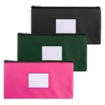 NICKANG 3 Pack Money Bag with Zipper for Cash | 11.25" x 6.25" | Pink, Black, Green | Leatherette Bank Deposit Bags with Framed ID Window and 3 Blank Cards, for Organizing Cash, Checks, Receipts, Invoices, Bills and Coins. (3 colors)