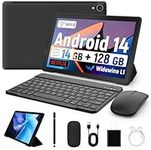 Whitedeer 10 inch Tablet Android 14, 14GB+128GB/2TB Expanded, Octa-Core Tablets, 800 * 1280 HD丨WiFi 6丨BT 5.0丨5000mAh丨5MP+8MP, Widevine L1, Tab with Keyboard丨Mouse丨Stylus丨Tablet Case丨 Headphone(Black)