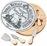 Occasion 360 Rotating Cheese Board Gift Set - Gift Boxed with Round Swivel Glass Top & 4 Specialist Hand Crafted Cheese Knives- Vintage British Design