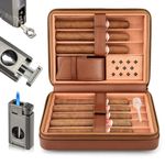 Portable Cigar Humidor, Leather Cedar Wood Cigar Case with Cigar Lighter, V Cut Cigar Cutter, Cigar Punch 3 in 1, Travel Cigar Humidor Box 8 Cigars with Humidifier, Brown