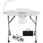Safstar 35-inch Nail Desk for Nail Tech, Foldable Manicure Table W/Electric Dust Collector, Bendable LED Table Lamp, Carry Bag, 4 Lockable Wheels, Portable Nail Desk Nail Salon Table Station (White)