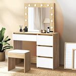 Oikiture Dresing Table, Makeup Desk with Stool 12 LED Bulbs Mirror and 4 Storage Drawers