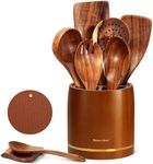 Spardar Wooden Kitchen Utensils, 9-Piece Set Wooden Spoon Set with 6 Teak Wood Cooking Spoons, Spoon Rest, Pot Holde, 4.4 Inch Utensil Holder, as Kitchen Decoration and Housewarming Gift