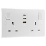 BG Electrical 30W Double Switched Power Wall Plug Socket with Fast Charge, 1 Type A and 2 Type C USB Charging Ports, Round Edge, Nexus 800 Series, White Moulded, 13A, 822UACC30