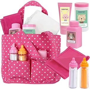 Click N' Play Baby Girl Doll Diaper Bag, Pink Soft Carrying Bag Including Cleaning, Caring, & Feeding Accessories - Bag, Baby Doll Diapers, Baby Doll Bottles for Feeding, Towel, Powder, Lotion, Wipes