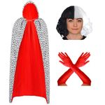 Girls Dalmation Costume Kids Halloween Costume - Kids World Book Day Evil Dog lady Fancy Dress Costume - Devillish Dalmatian Print Cape, Black & White Wig and Red Gloves - Halloween Costumes for Kids