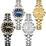 yunanwa 4 Pack Men Watches Diamond Business Dress Analog Quartz Stainless Steel Waterproof Luminous Date Silver Blue Black Gold Luxury Casual Watch for Men, Silver, Men, Contemporary