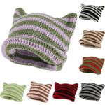 HINGTAT Women's Cat Beanie Crochet Hats with Ears Knitted Striped Winter Warm Slouchy Elastic Cap for Girls Adults Kids Purple Green