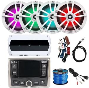 Milennia Infinity AM/FM/WB Tuner AUX USB Bluetooth Marine Digital Media Receiver, 4X 6.5 2-Way 225W Multi-Element Speakers (White), 4-Channel Amplifier w/Kit, Speaker Wire, USB/AUX Interface