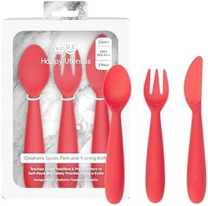 ezpz Happy Utensils - 24 Months+ (Coral) - BPA Free Toddler Utensils - Fork, Spoon and Knife for Toddlers and Preschoolers - Kids Utensils for Self-Feeding Development