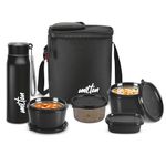MILTON Max Meal Tiffin (2 Microwave Safe Inner Steel Containers, 320, 450ml;1 Plastic Container,280ml; 1 Handy Bottle,690ml,1 Plastic Chutney Dabba,100ml) with Fabric Bag,Black,Leak & Odour Proof