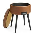 VASAGLE EKHO Collection - Storage Ottoman, Dressing Table Stool, Synthetic Leather with Stitching, Mid-Century Modern, Round Storage Stool Seat with Steel Legs, Loads 150 kg, Caramel Brown LOM005K51