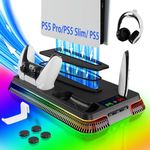 PS5 Cooling Station and Stand with Dual Controller Charger fits PlayStation 5 Console, PS5 Charging Station for PS5-Slim/PS5-Pro, Incl. 3 USB Hub,RGB Light,Cooling Fan, Headset Holder,Thumb Grip Caps