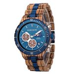 BOBO BIRD Mens Quartz Wooden Watches Stainless Steel Watch for Male Classic Function Wristwatch Chronograph Luminous Hands Date Display Blue