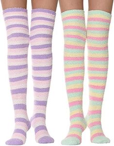 MOGGEI Fun Funny Socks for Women Fuzzy Thigh High Socks Over Knee High Long Striped Socks Stocking Stuffers for Women Teen Girls Fluffy Cozy Warm Winter Comfy Fleece Socks Christmas Gift