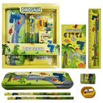 JMKCRAFTS Dinosaur Jungle Theme Stationery Kit for Boys School Supplies Stationery Set chool Kids,Girls/Boys Birthday Gift Return Gift Kanjak Pencil Eraser Sharpener Scale Crayons (Any one)