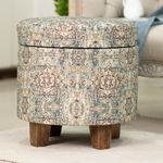 Albany Living Ethnic Print 100% Cotton Upholstered Cotton Round Storage Ottoman Stool with Solid Wood Legs, Cream