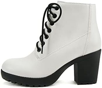 Soda Second Lug Sole Chunky Heel Combat Ankle Bootie Lace up w/Side Zipper, White Pu, 8 US