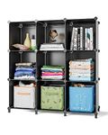 FUNLAX Cube Storage Unit 12 Cubes Stackable Storage Organiser Shoe Rack Bookcase Plastic Shelves Closet Portable Wardrobe for Bedroom Living Room Bathroom (11.8" × 11.8" ×11.8" per Cube) Black