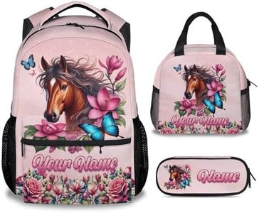 Mercuryelf Personalized Girls Backpack Horse 3PCS Kids Backpack Set with Lunch Bag & Pencil Case, 17 Inch School Bookbag for Elementary Kindergarten