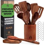 Wooden Spoons for Cooking – Wooden Cooking Utensils Set with Holder, Spoon Rest & Hooks, Teak Wood Nonstick Kitchen Cookware – Durable Set of 12pcs by Woodenhouse