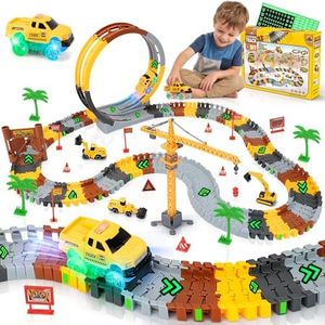 157 PCS Construction Race Tracks for Kids, Glow in The Dark Magic Toy Set with 360° Loop Ramp, 1 Light Up Car, 3 Construction Cars, Flexible DIY Track Set, Birthday Gift for 3-9 Year Old Boys Girls