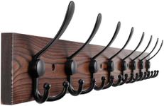 Kuhome 32.2'' Large Coat Rack Wall Mount Coat Hooks Coat Hanger with 8 Metal Black Triple- Hooks Brown Pine Real Wood Plank Hat Rack for Wall Hooks for Hanging Coat Hat Jacket