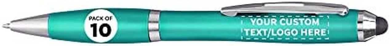 Custom Plastic Stylus Pens Set of 10, Personalized Bulk Pack - Black Ink, Great for Office, School, Business, Tradeshows, Events - Teal