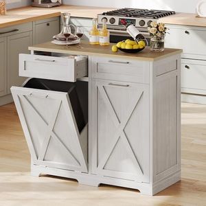 YITAHOME Double Tilt Out Trash Cabinet 20 Gallon, Wooden Free Standing Laundry Cabinet with Barn Doors, Kitchen Trash Recycling Cabinet with 2 Drawer, Tilt-Out Hamper for Kitchen, Off White