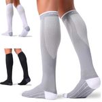 FITRELL 3 Pairs Compression Socks for Women and Men 20-30 mmHg Travel Flight Socks Medical Knee High Socks for Sport, Flying, Carers, Nurse, Pregnant Women, Varicose Veins, Black+White+Grey, S/M