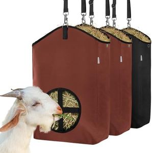 MIYABALA 3 Packs Goat Hay Feeder,Hay Bags for Goats,Horses,Sheep,Premium 600D Oxford Cloth,with Metal Fastener and Adjustable Open Feed Hole for Slow Feeding. (2Brown + 1Black)