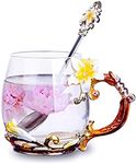 Flower Tea Cups, Unique Coffee Mugs, Glass Mug with Spoon Set, Handmade Lily Mothe's Day Gifts for Newlyweds, Christmas, New Year, Anniversaries, Parents, Weddings, Engagements, Couples (12oz, Yellow)