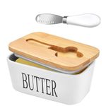 Lovelyduo Ceramic Butter Dish with Bamboo Lid Large Butter Keeper Container with Curler Knife and Double Silicone Sealing Butter Holder Rectangle White