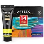 ARTEZA Acrylic Paint Set, 14 Colours, Large 120-ml Acrylic Paint Tubes with Storage Box, Rich Pigments, Non-Fading, Art Supplies for Professional Artists & Hobby Painters