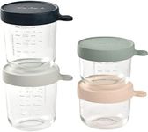 BÉABA, Set of 4 Baby Food Storage Containers, Glass Conservation Jar, Graduation Measuring Scale, Heat and Thermal Sock Resistant, 2X 150ml Pink et Eucalyptus / 2X 250ml Dark Blue et Light Mist