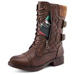 STQ Women's Mid Calf Military Combat Boots Round Toe Zip up Low Heel Winter Motorcycle Shoes Brown 7