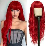 YEESHEDO Long Red Wave Wigs for Women with Fringe Bangs, Natural Curly Wavy Synthetic Replacement Hair for Party Cosplay Halloween 28 Inches (Gold Red)