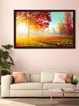 999STORE Printed Sunrise Behind The Red Leaves Trees Painting Wall Art with Brown Frame (Canvas_18X30 Inches_Multi) BRFLP18300130