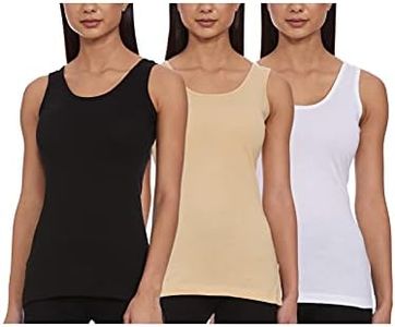 Rupa Softline Regular Fit Women Super Combed Cotton Long Camisole, Under-Shirt, Stretchable and Body-Hugging, Solid Color,Pack of 3 (203-3P_White, Black, Skin 085)