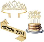 Birthday Decorations for Women, Including Birthday Queen Sash, Birthday Crown for Women, Birthday Cake Topper, Birthday Candles Gold. Birthday Queen Sash and Tiara, Gold Birthday Party Supplies