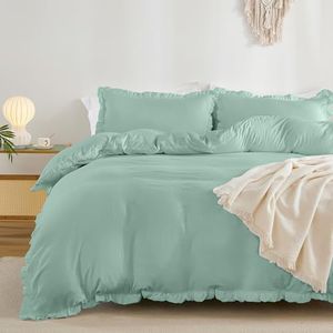 Fondream Set di biancheria da letto king size, 3 pezzi, con volant, in morbida microfibra lavata, con chiusura a cerniera, verde (verde, king size)