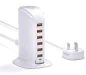 Qurzou USB Charger,50W Multi USB Charger 6 Port USB Tower Charging Station for iPhone 15/14/13 Pro/Pro Max,Samsung,iPad,Android,iOS etc(white)