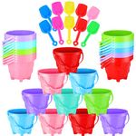 Set of 30 5.5 Inch Beach Pails and Sand Shovels Set Sandcastle Building Sand Buckets 6 Colors Plastic Buckets with a Sand Castle Design Inside for Boys and Girls