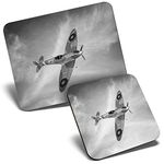 Mouse Mat & Coaster Set - BW - British RAF Spitfire Vintage Plane 23.5 x 19.6 cm & 9 x 9 cm for Computer & Laptop, Office, Gift, Non-slip Base #37227