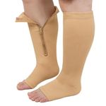 PUTUO Plus Size Compression Socks: Wide Calf Zip Flight Sock Women Men Extra Large Graduated Open Toe Support Stockings for Travel Beige L/XL 1Pairs