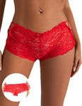 ohyeahlady Women's Sexy Hipster Shorts High Waisted Thongs for Women Side Hollow Out Lace French Knickers Boxers Underwear Sheer Bikini Briefs Underpants 1 Pack Red UK 12 14